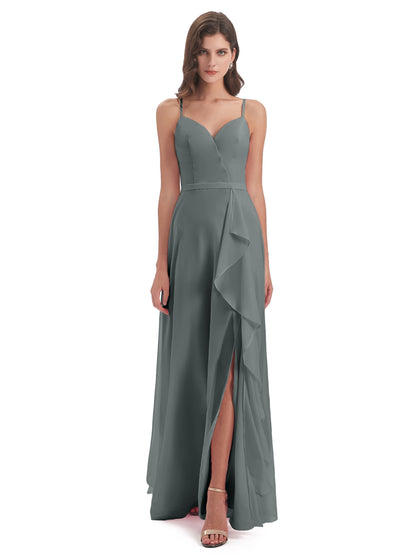 Delilah Sheath Spaghetti Straps Chiffon Long Bridesmaid Dresses