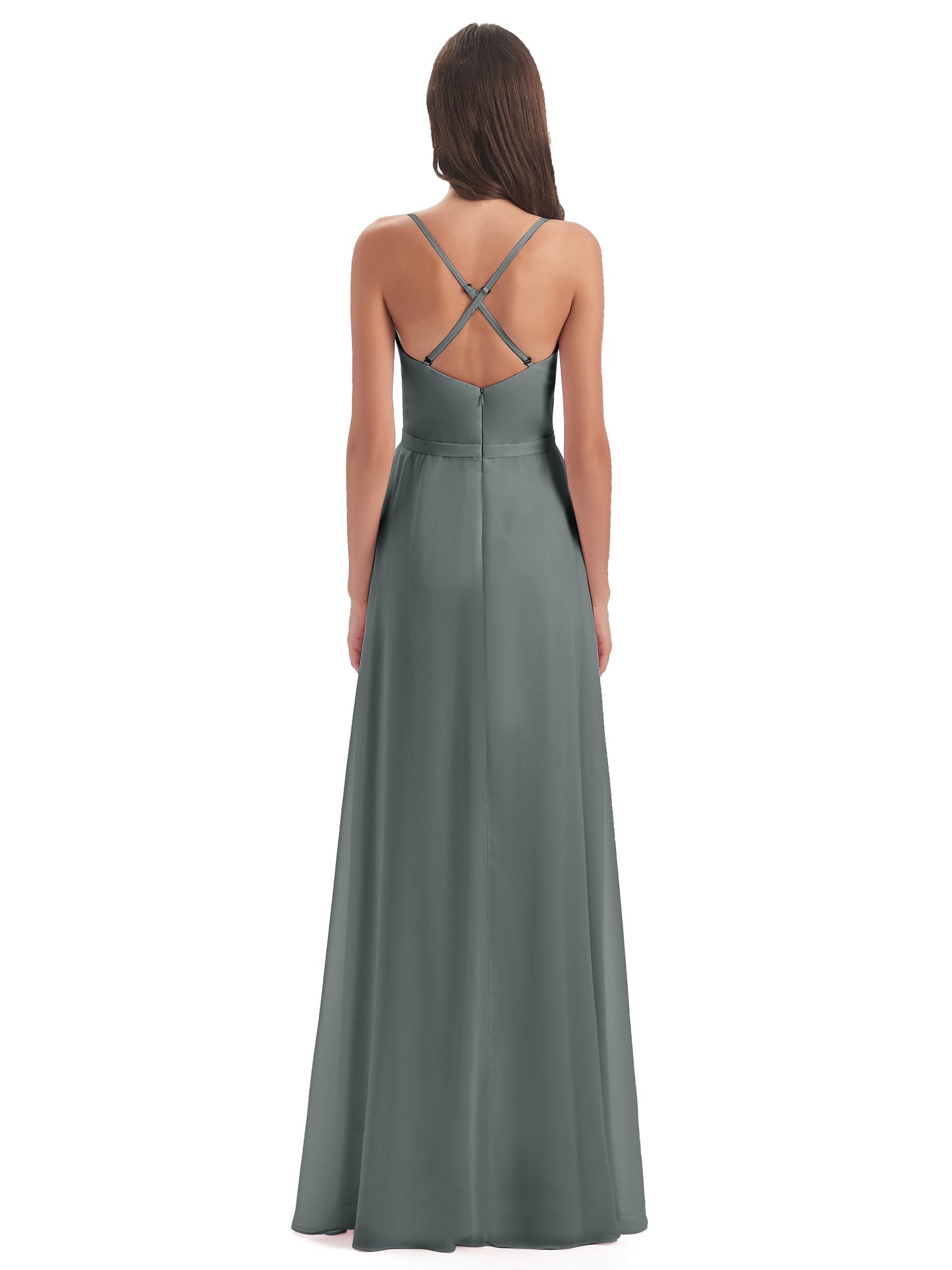 Delilah Sheath Spaghetti Straps Chiffon Long Bridesmaid Dresses