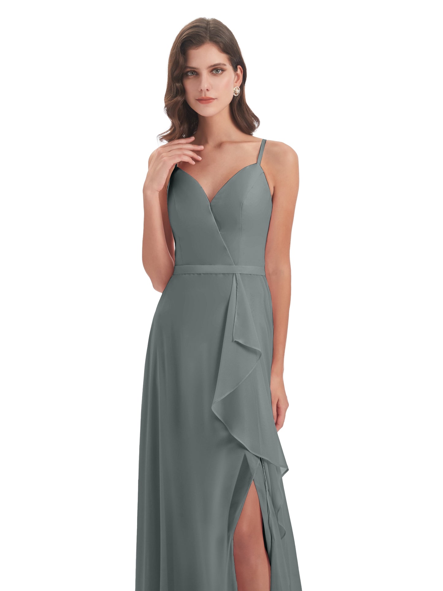 Delilah Sheath Spaghetti Straps Chiffon Long Bridesmaid Dresses