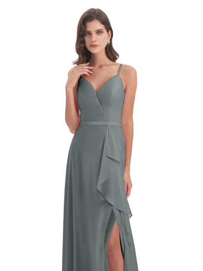 Delilah Sheath Spaghetti Straps Chiffon Long Bridesmaid Dresses