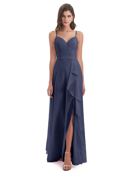 Delilah Sheath Spaghetti Straps Chiffon Long Bridesmaid Dresses
