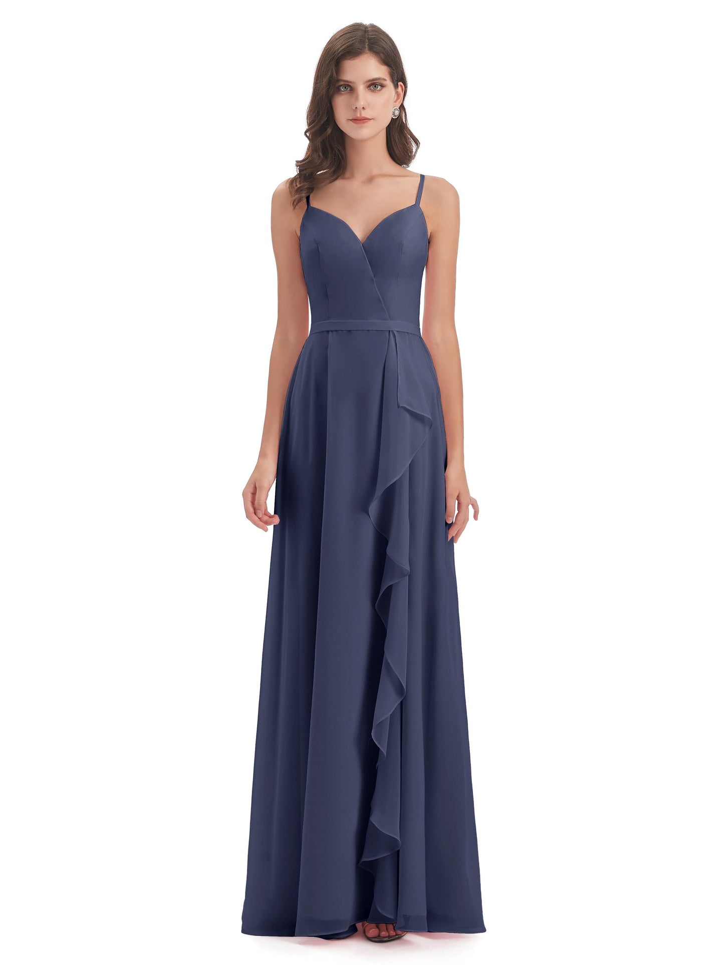 Delilah Sheath Spaghetti Straps Chiffon Long Bridesmaid Dresses