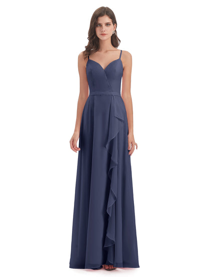 Delilah Sheath Spaghetti Straps Chiffon Long Bridesmaid Dresses