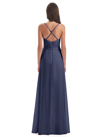 Delilah Sheath Spaghetti Straps Chiffon Long Bridesmaid Dresses