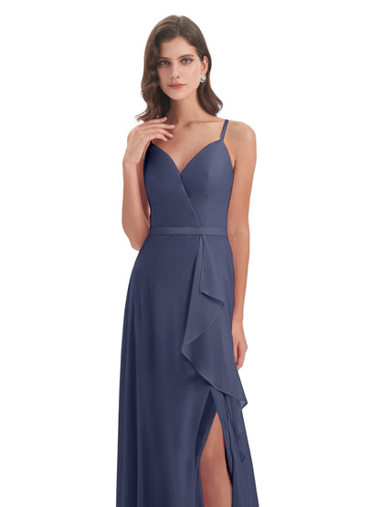 Delilah Sheath Spaghetti Straps Chiffon Long Bridesmaid Dresses