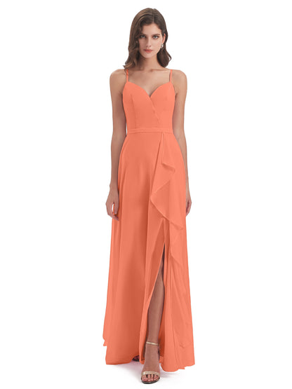 Delilah Sheath Spaghetti Straps Chiffon Long Bridesmaid Dresses
