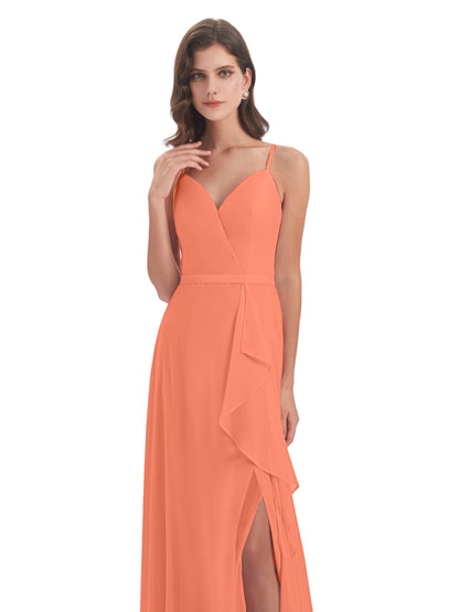 Delilah Sheath Spaghetti Straps Chiffon Long Bridesmaid Dresses