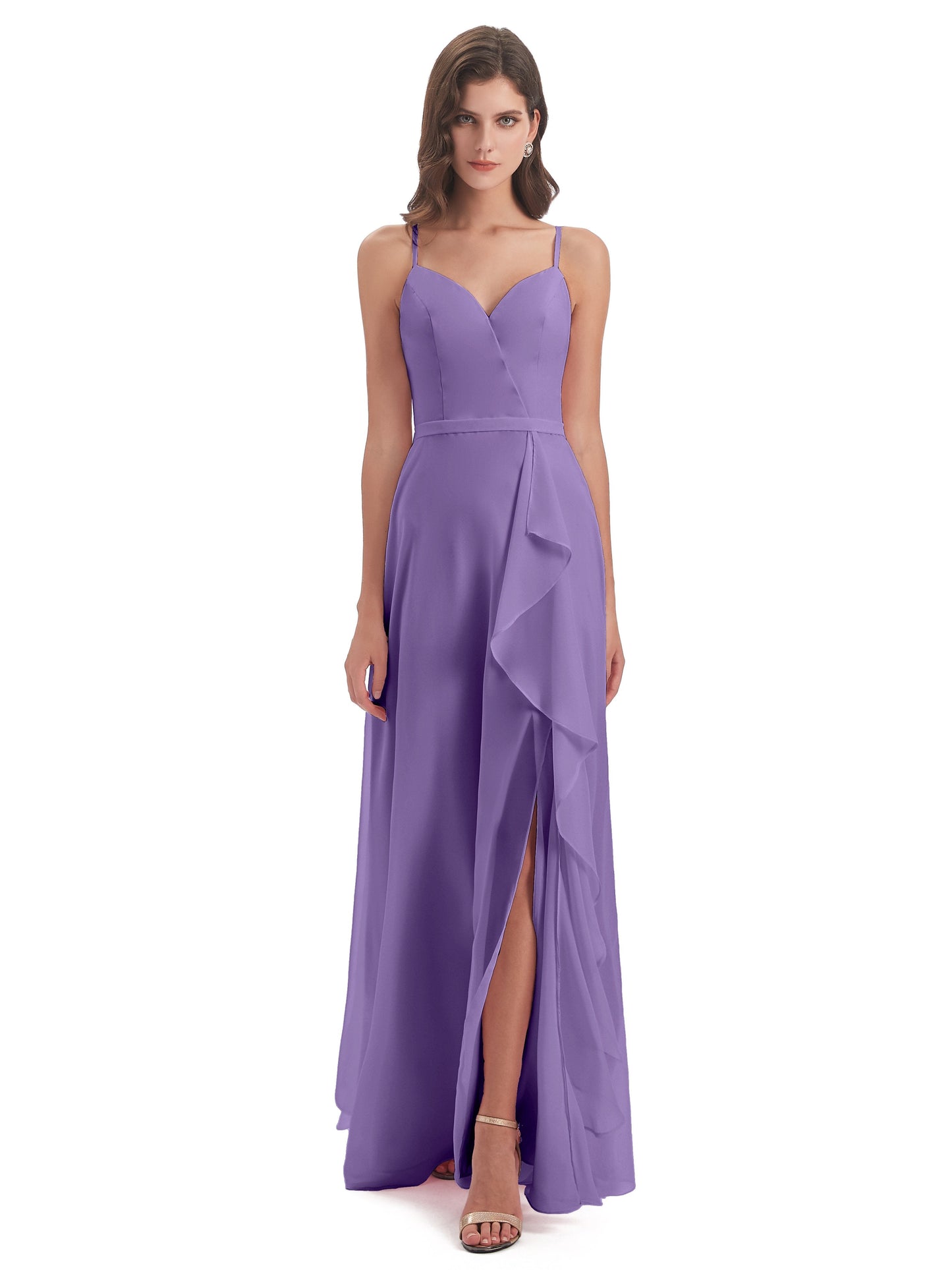 Delilah Sheath Spaghetti Straps Chiffon Long Bridesmaid Dresses