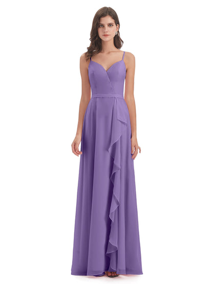 Delilah Sheath Spaghetti Straps Chiffon Long Bridesmaid Dresses