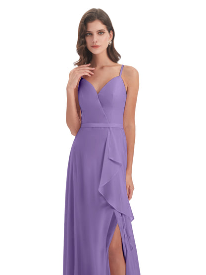 Delilah Sheath Spaghetti Straps Chiffon Long Bridesmaid Dresses