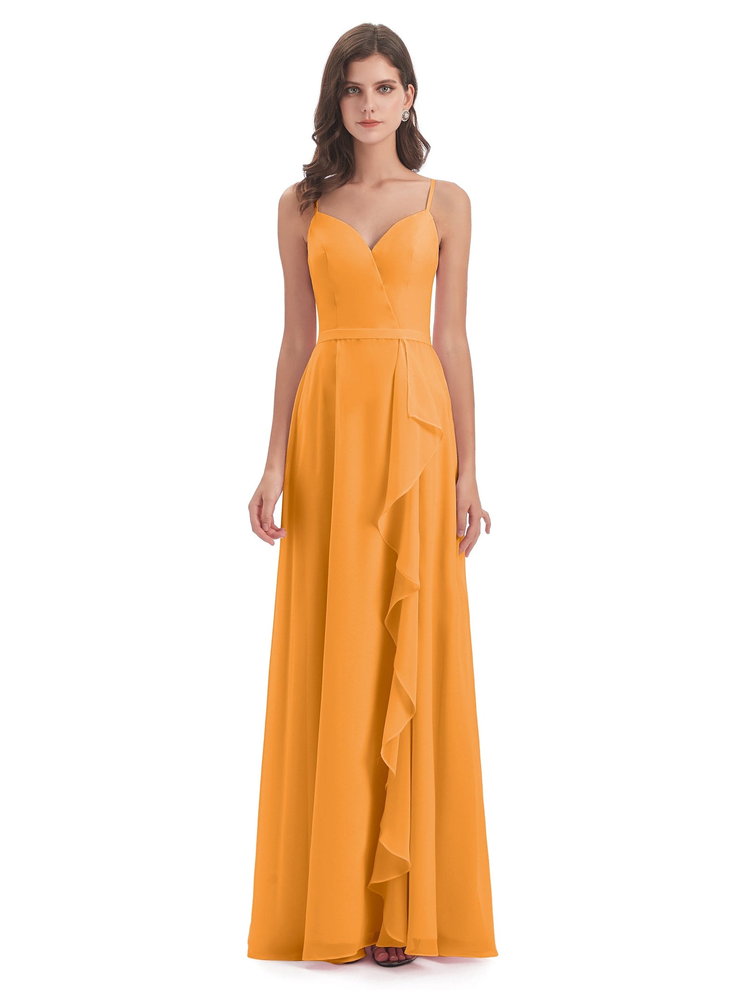 Delilah Sheath Spaghetti Straps Chiffon Long Bridesmaid Dresses