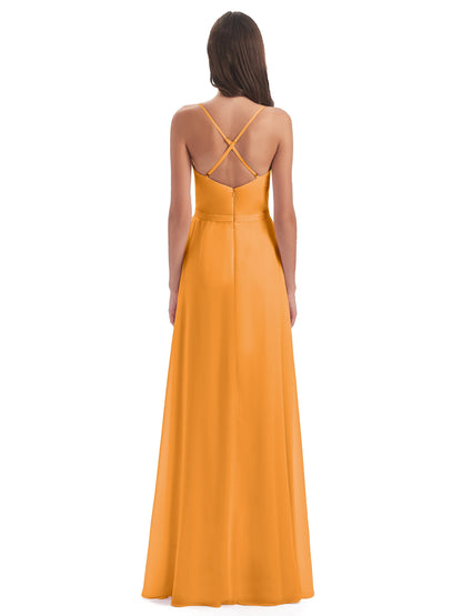 Delilah Sheath Spaghetti Straps Chiffon Long Bridesmaid Dresses