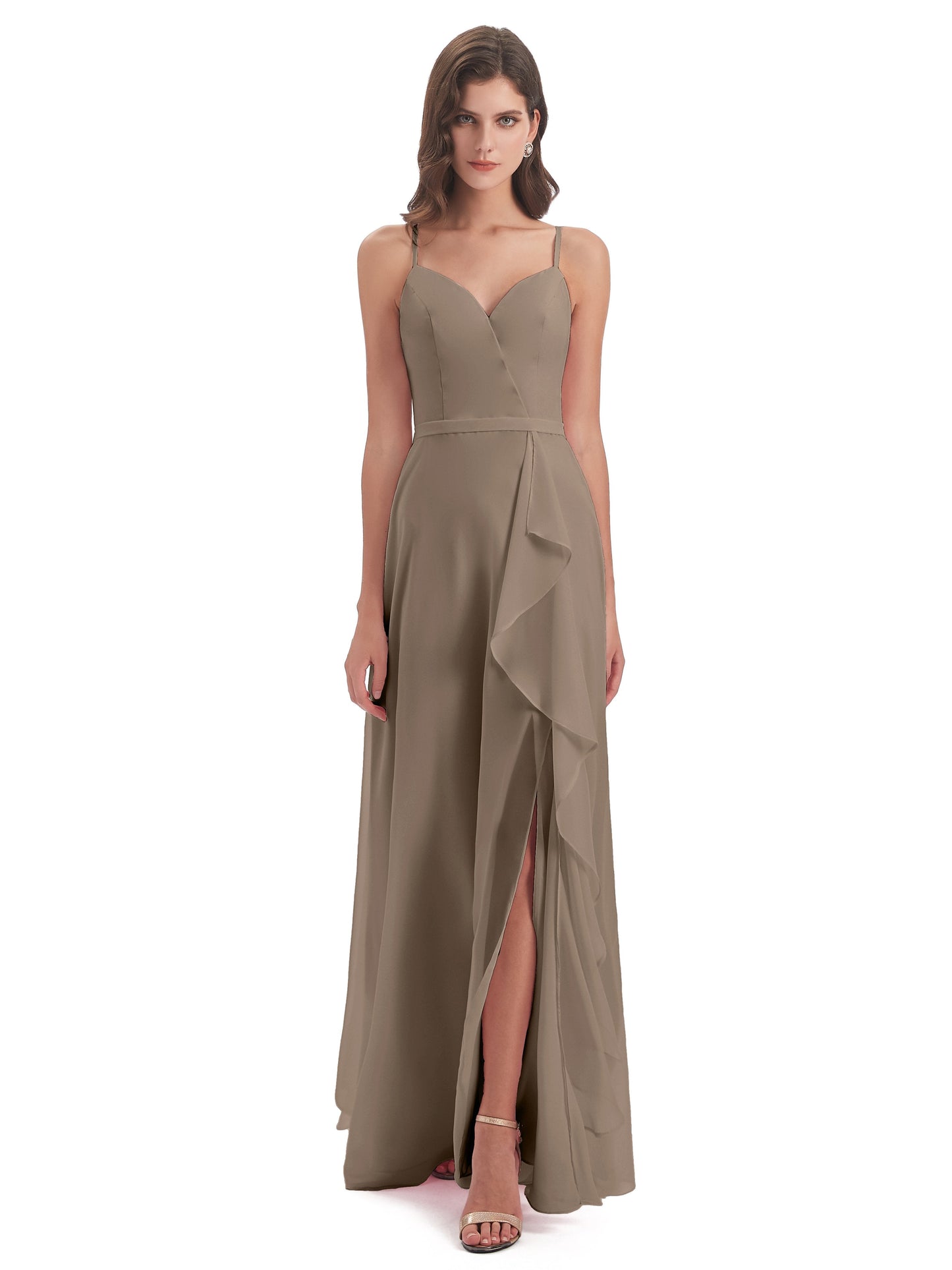 Delilah Sheath Spaghetti Straps Chiffon Long Bridesmaid Dresses