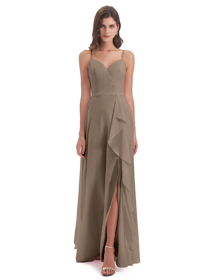 Delilah Sheath Spaghetti Straps Chiffon Long Bridesmaid Dresses