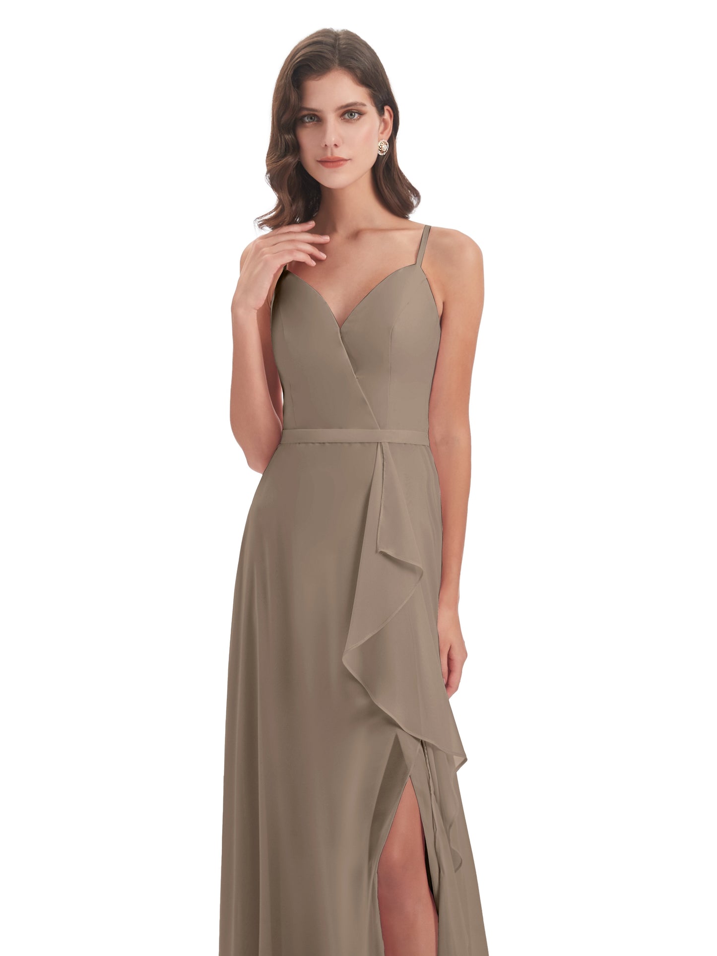 Delilah Sheath Spaghetti Straps Chiffon Long Bridesmaid Dresses