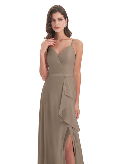 Delilah Sheath Spaghetti Straps Chiffon Long Bridesmaid Dresses
