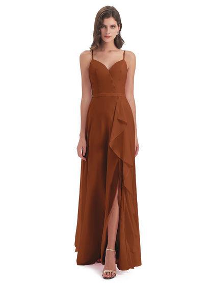 Delilah Sheath Spaghetti Straps Chiffon Long Bridesmaid Dresses