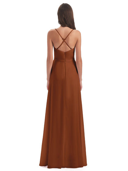 Delilah Sheath Spaghetti Straps Chiffon Long Bridesmaid Dresses