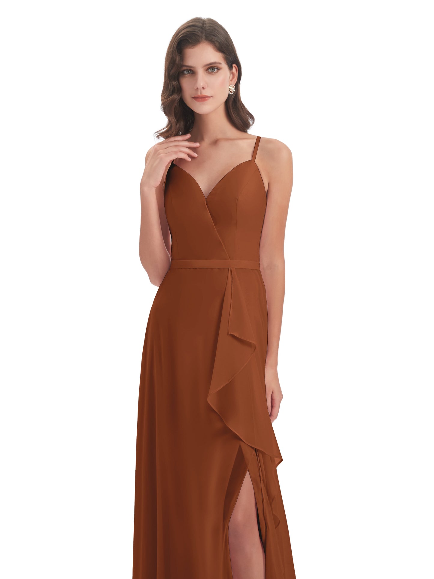 Delilah Sheath Spaghetti Straps Chiffon Long Bridesmaid Dresses
