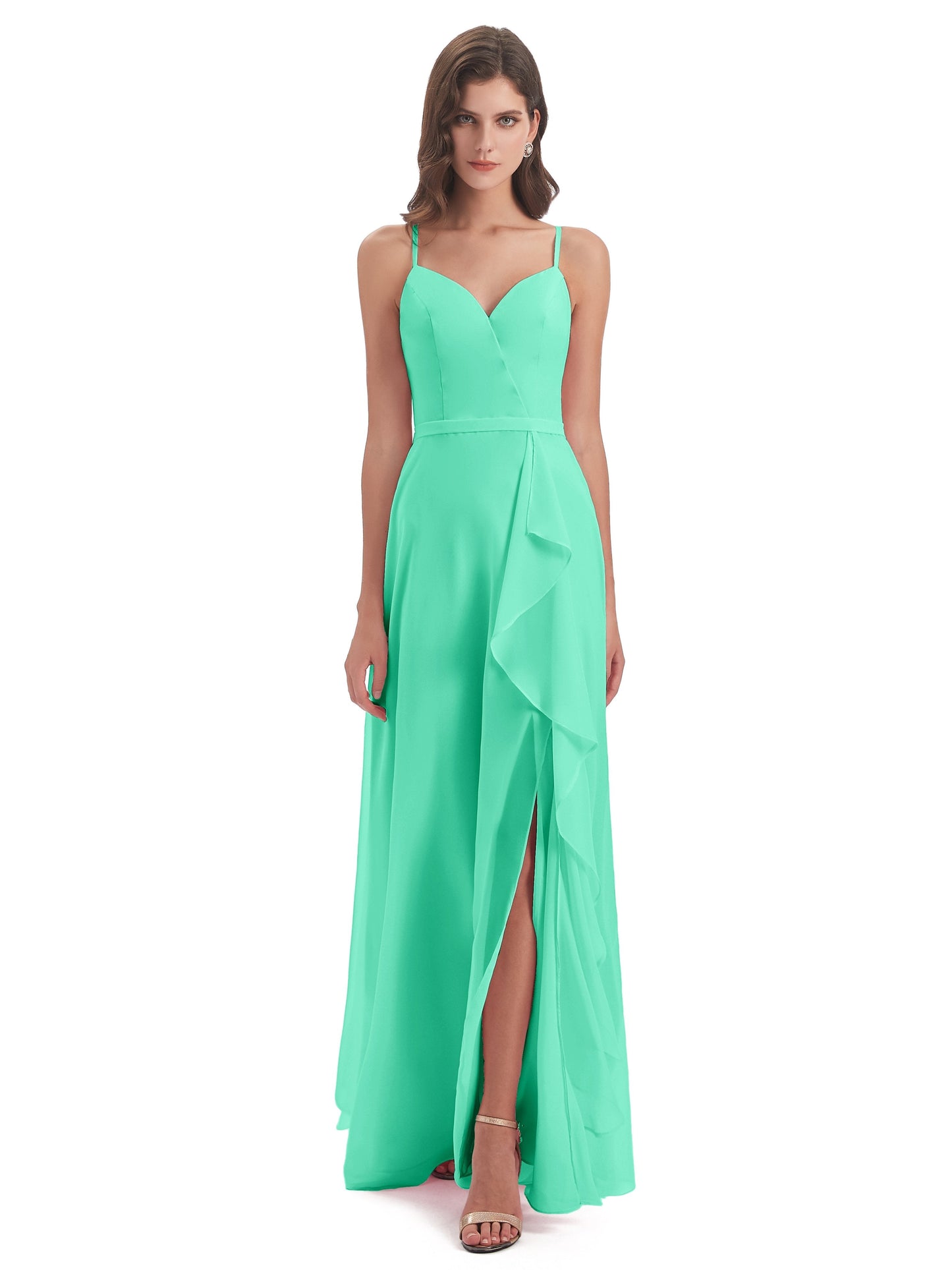 Delilah Sheath Spaghetti Straps Chiffon Long Bridesmaid Dresses