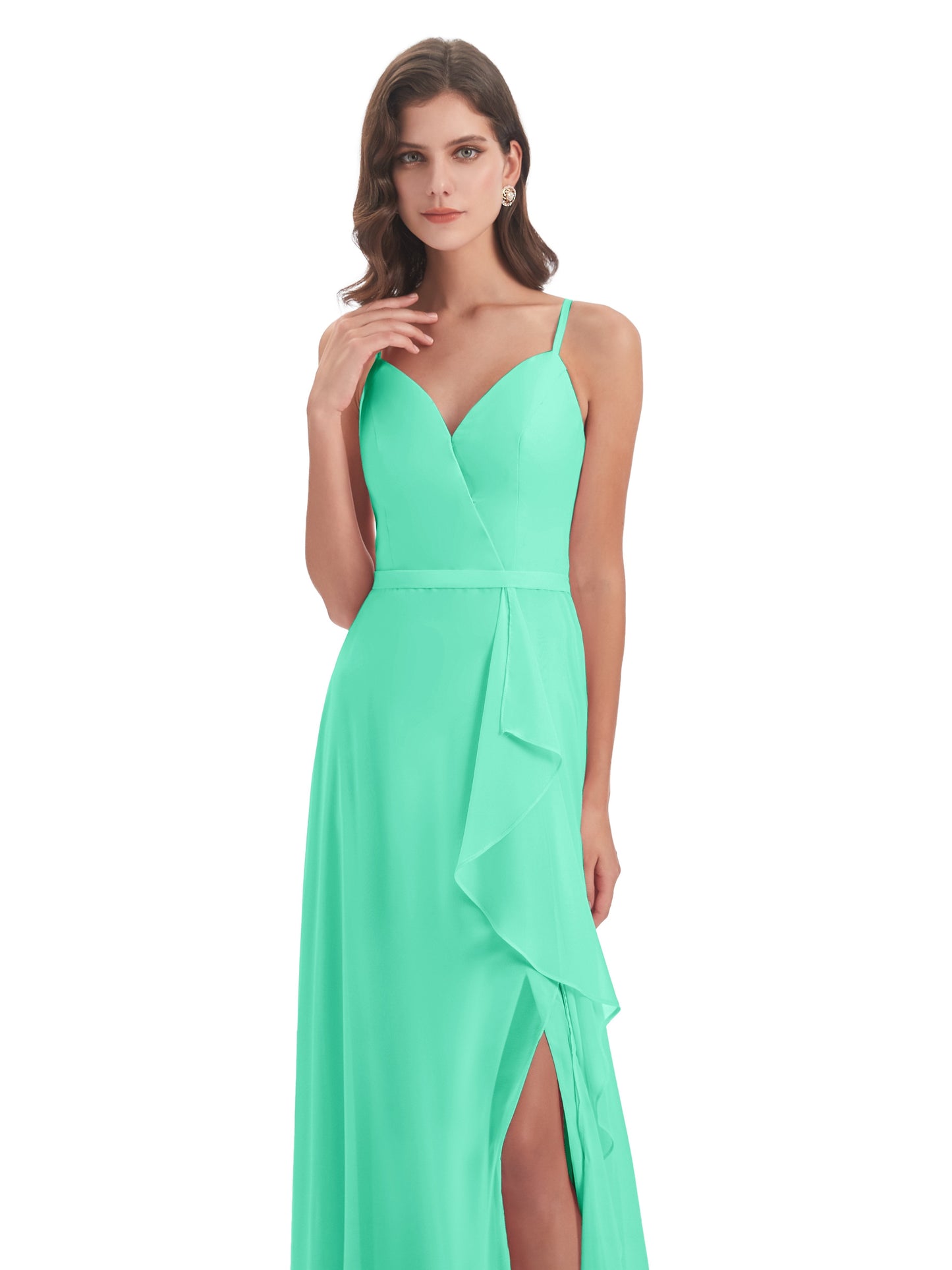 Delilah Sheath Spaghetti Straps Chiffon Long Bridesmaid Dresses