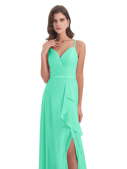 Delilah Sheath Spaghetti Straps Chiffon Long Bridesmaid Dresses