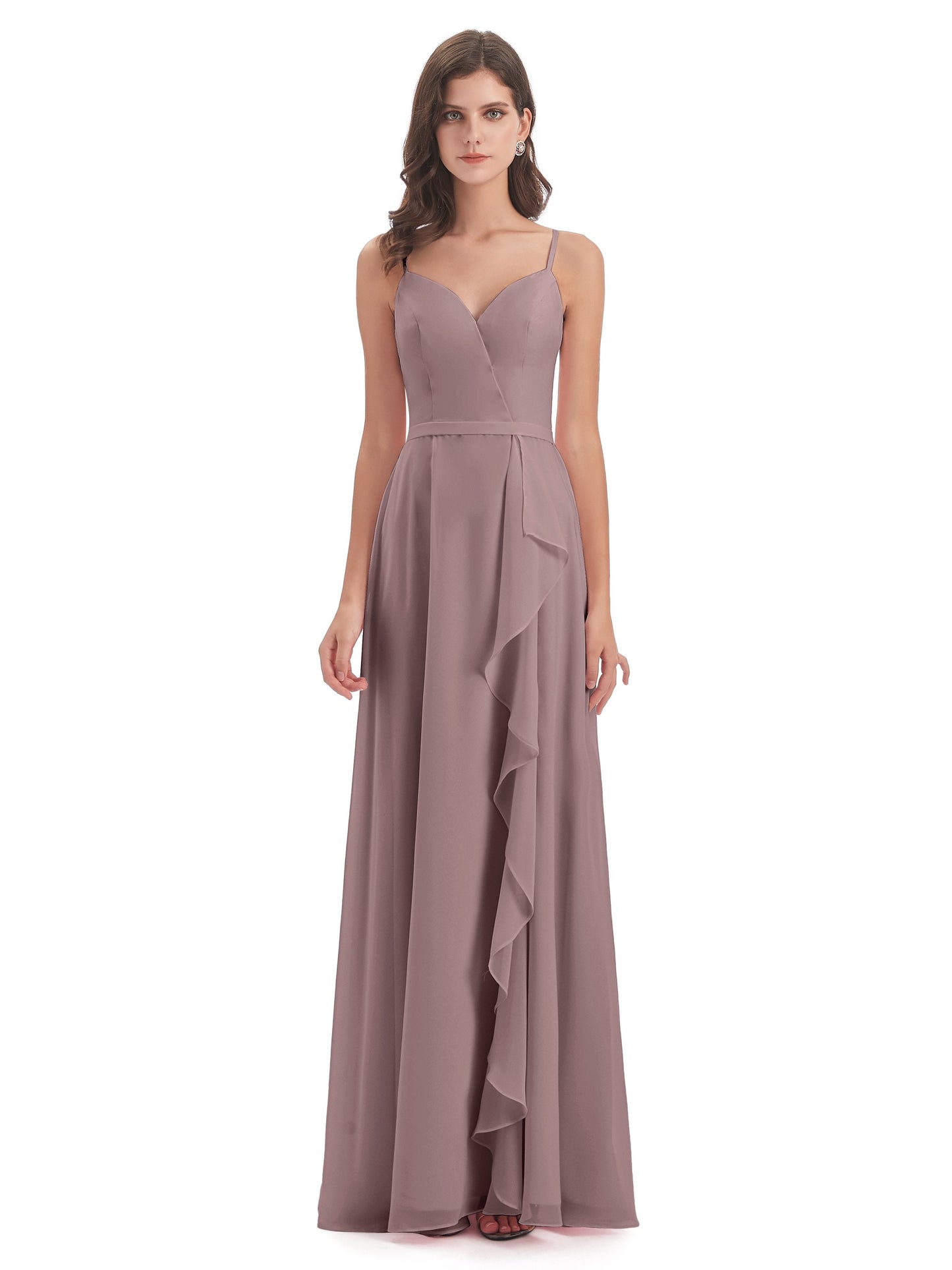 Delilah Sheath Spaghetti Straps Chiffon Long Bridesmaid Dresses