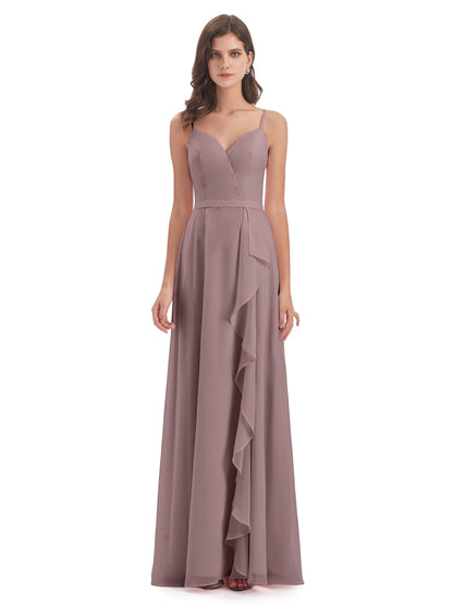 Delilah Sheath Spaghetti Straps Chiffon Long Bridesmaid Dresses