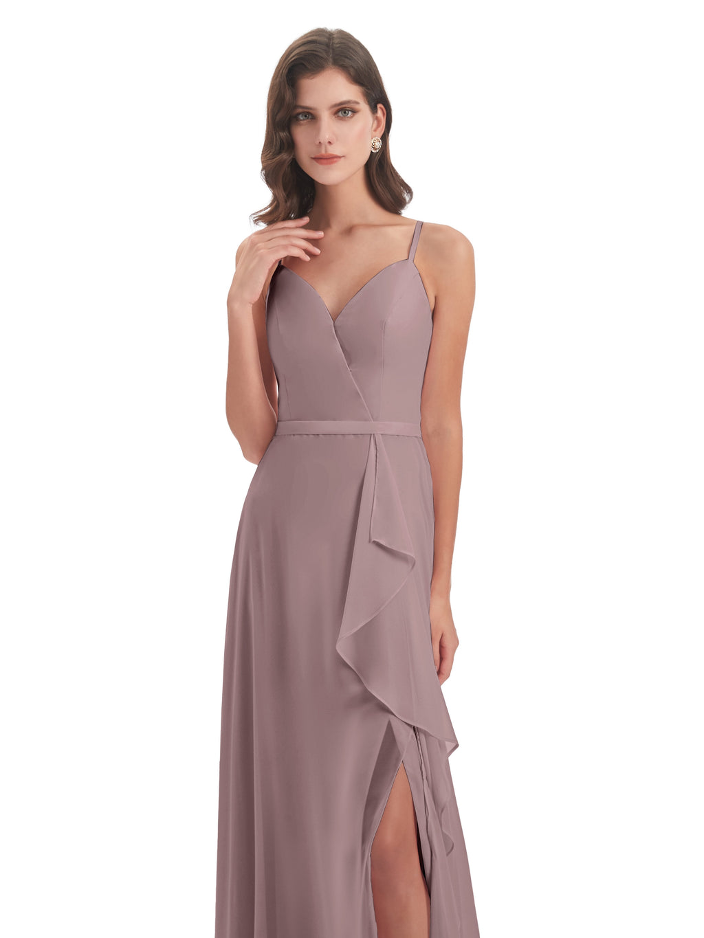Delilah Sheath Spaghetti Straps Chiffon Long Bridesmaid Dresses