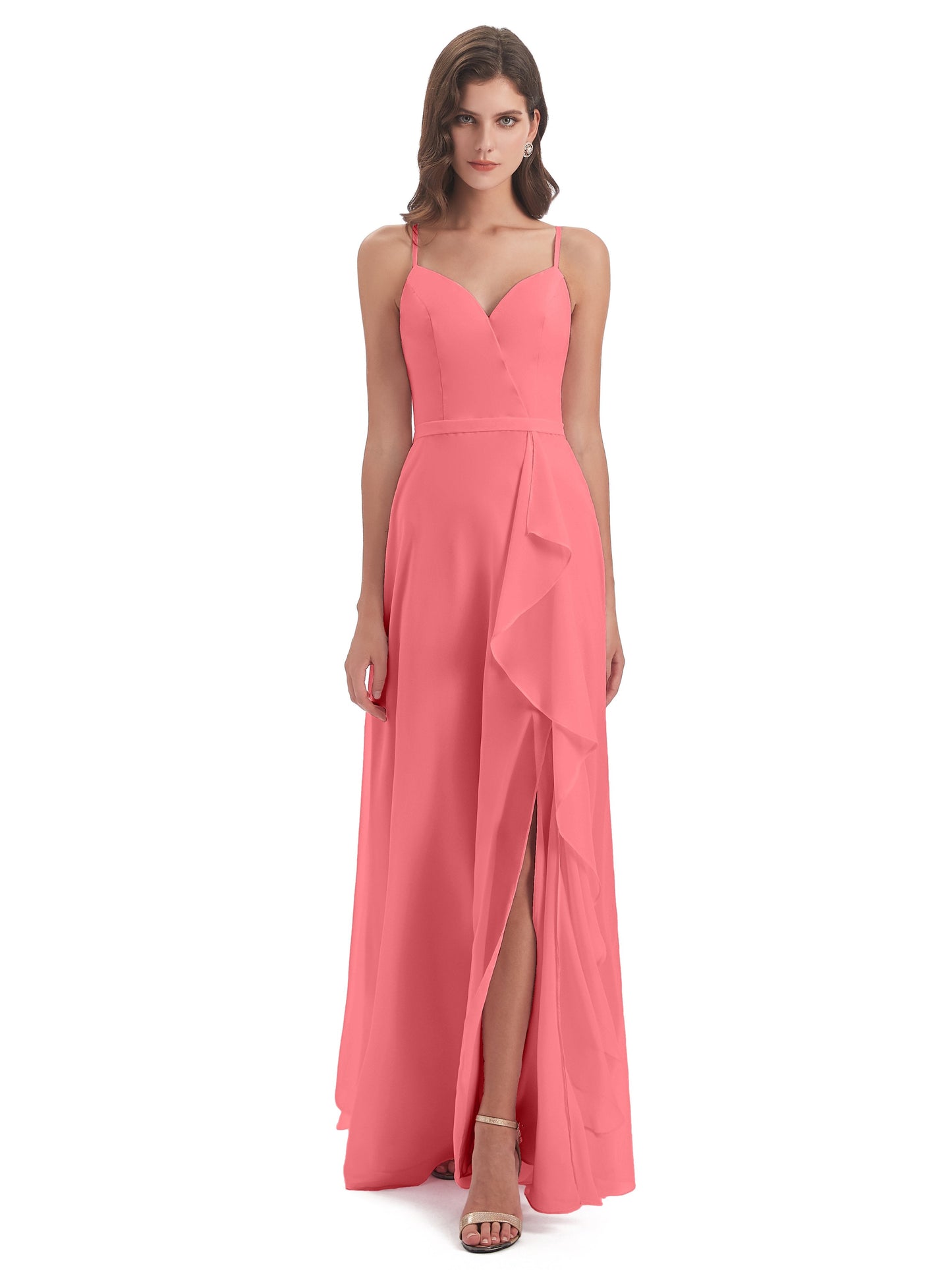 Delilah Sheath Spaghetti Straps Chiffon Long Bridesmaid Dresses