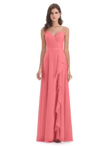 Delilah Sheath Spaghetti Straps Chiffon Long Bridesmaid Dresses