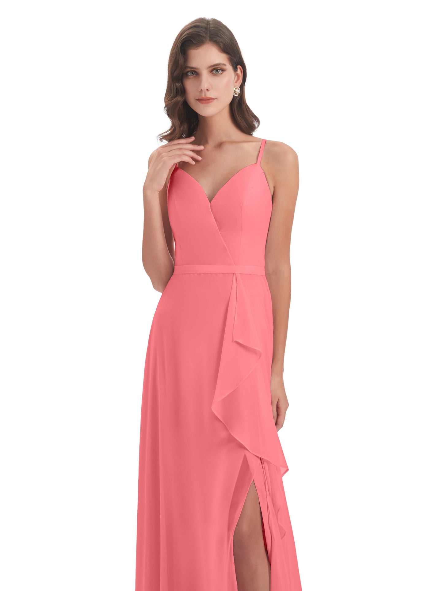 Delilah Sheath Spaghetti Straps Chiffon Long Bridesmaid Dresses