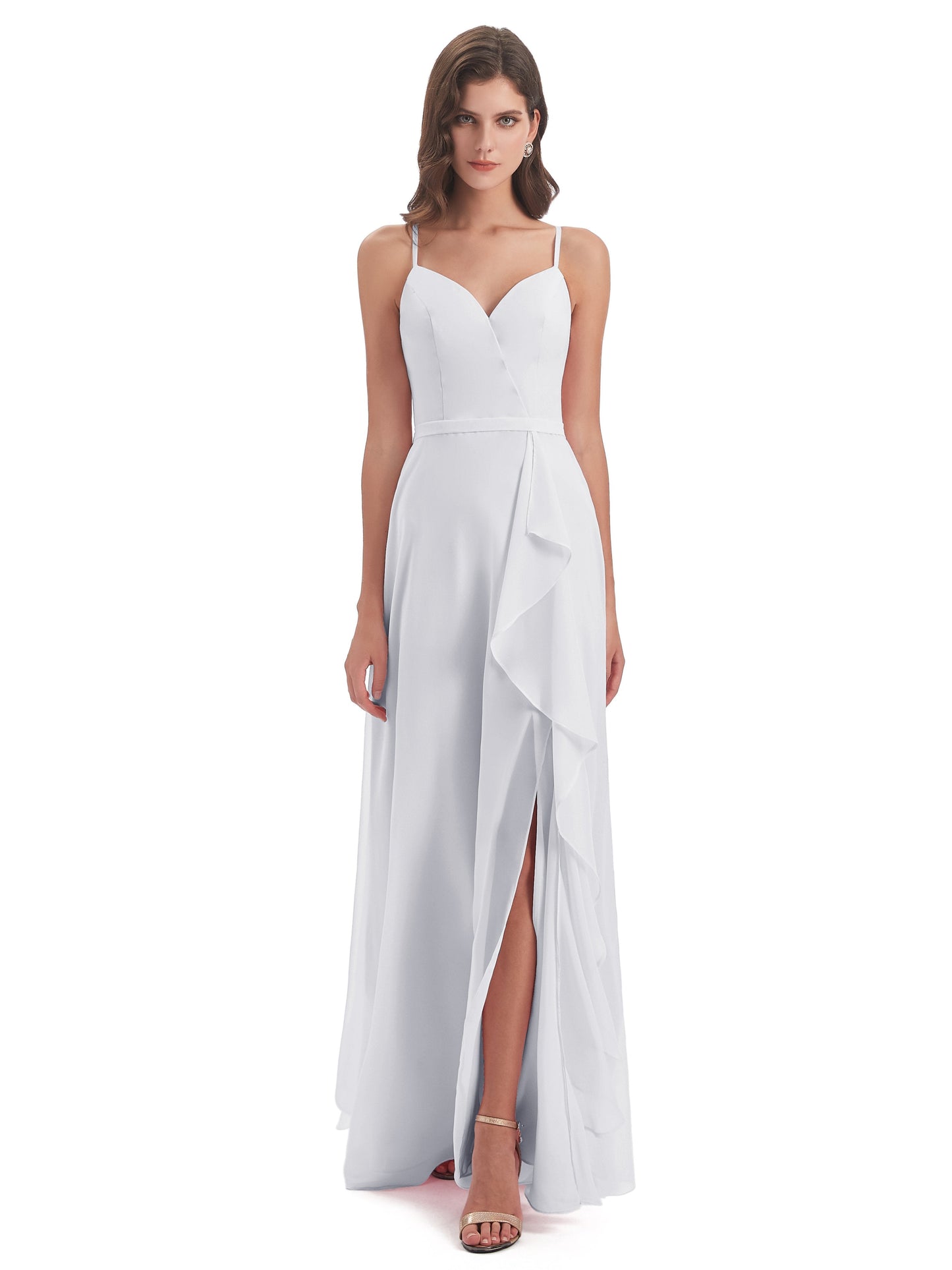 Delilah Sheath Spaghetti Straps Chiffon Long Bridesmaid Dresses