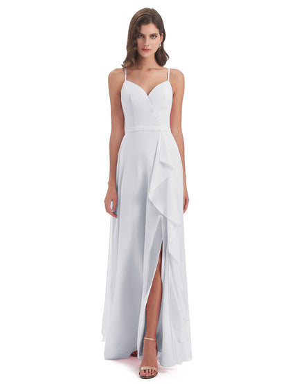 Delilah Sheath Spaghetti Straps Chiffon Long Bridesmaid Dresses