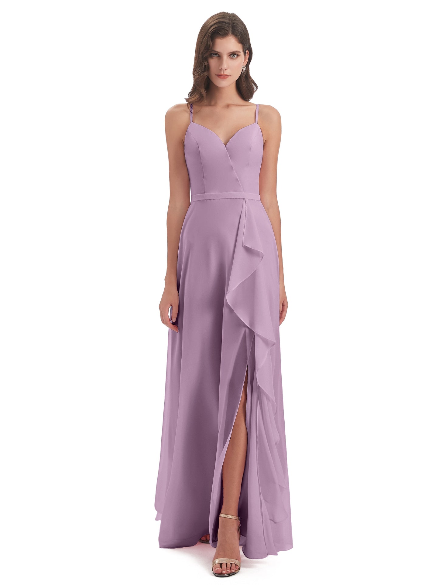 Delilah Sheath Spaghetti Straps Chiffon Long Bridesmaid Dresses