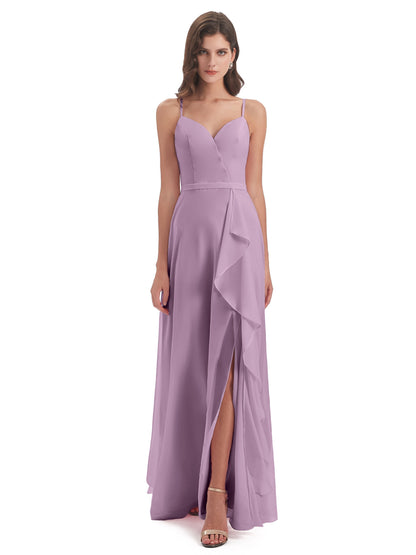 Delilah Sheath Spaghetti Straps Chiffon Long Bridesmaid Dresses