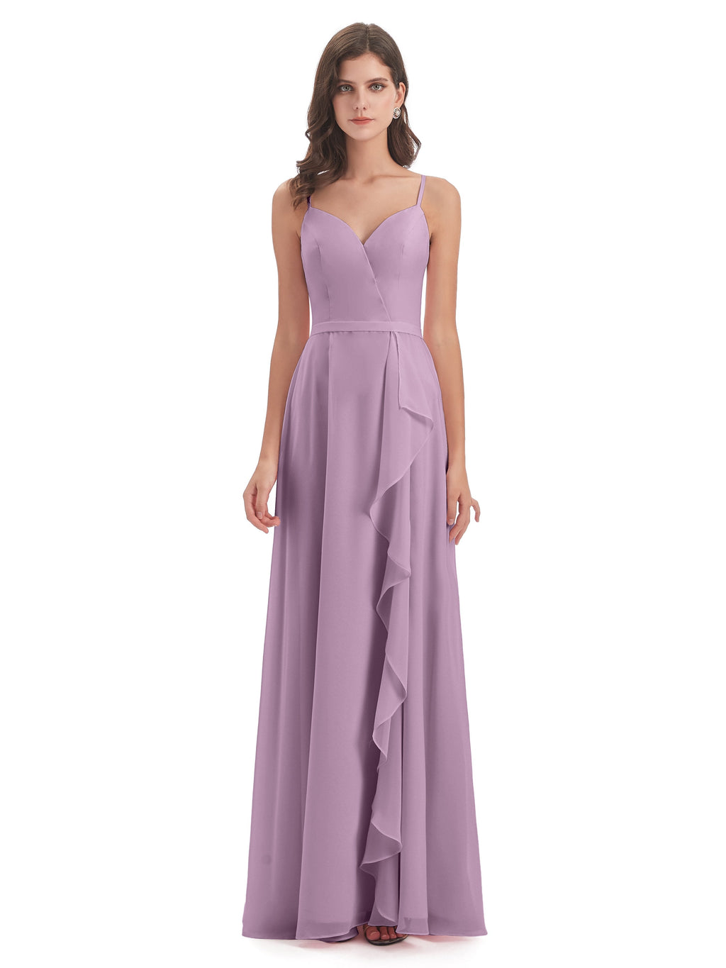 Delilah Sheath Spaghetti Straps Chiffon Long Bridesmaid Dresses