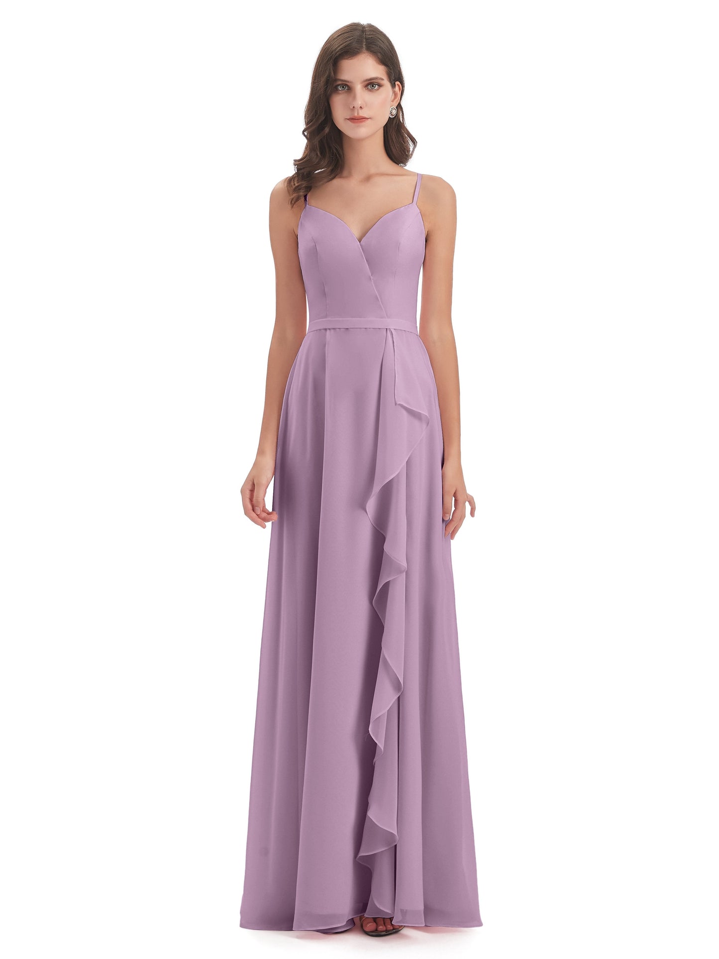 Delilah Sheath Spaghetti Straps Chiffon Long Bridesmaid Dresses