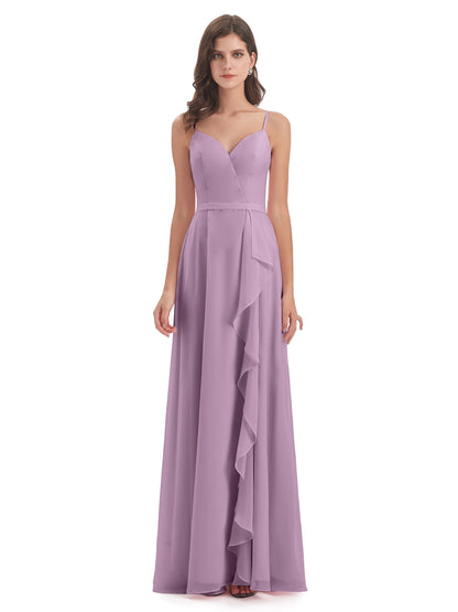Delilah Sheath Spaghetti Straps Chiffon Long Bridesmaid Dresses