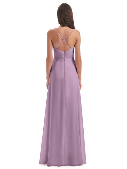Delilah Sheath Spaghetti Straps Chiffon Long Bridesmaid Dresses
