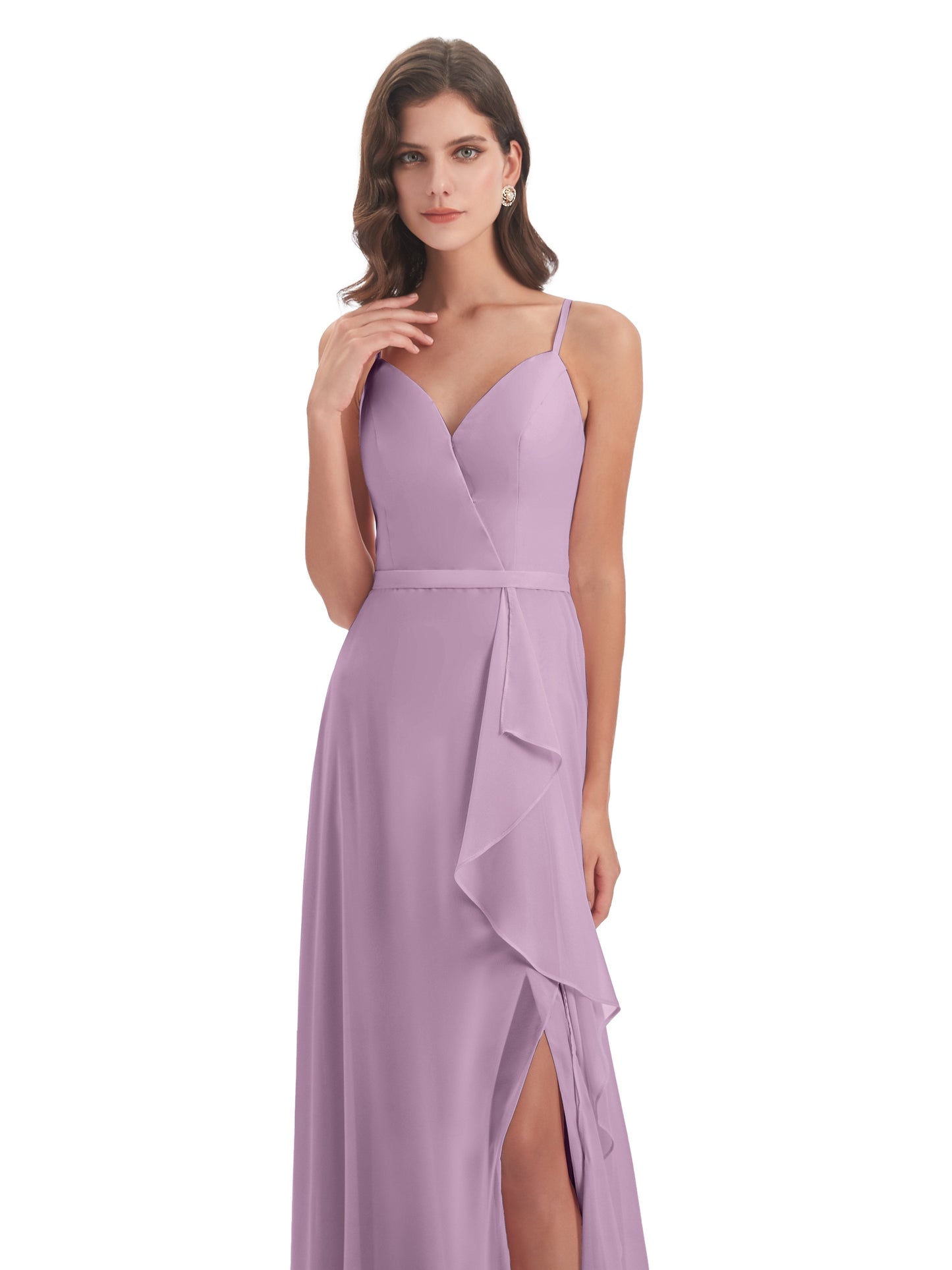Delilah Sheath Spaghetti Straps Chiffon Long Bridesmaid Dresses