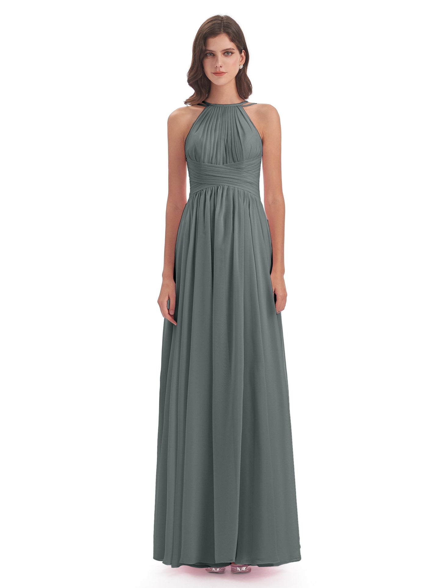 Ellianna Halter Open Back Chiffon Long Bridesmaid Dresses