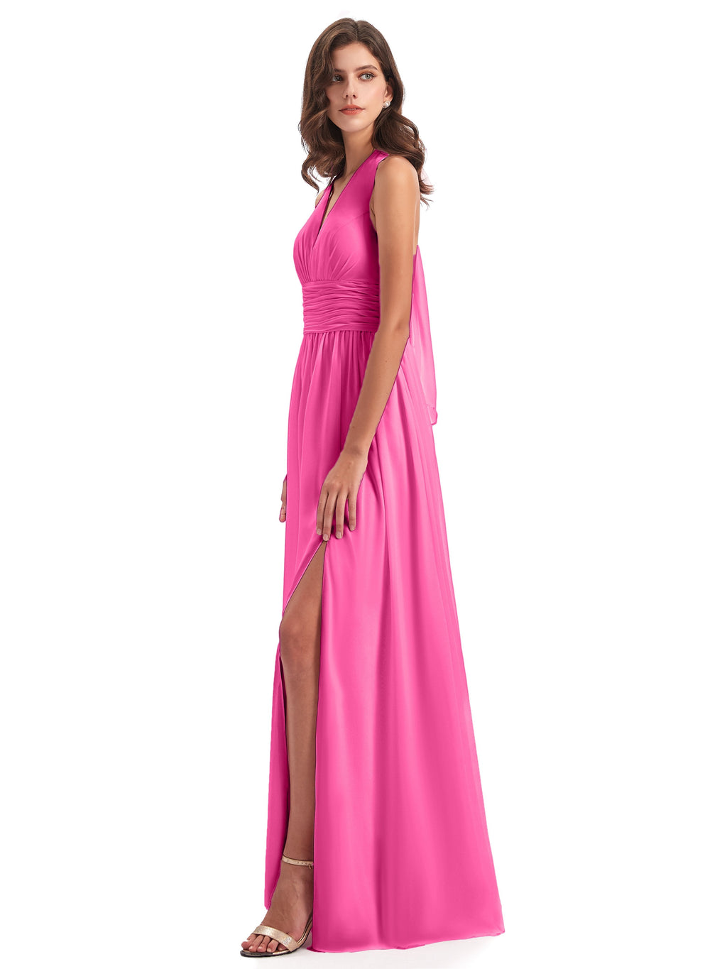 Emily Floor Length V Neck Split Chiffon Bridesmaid Dresses