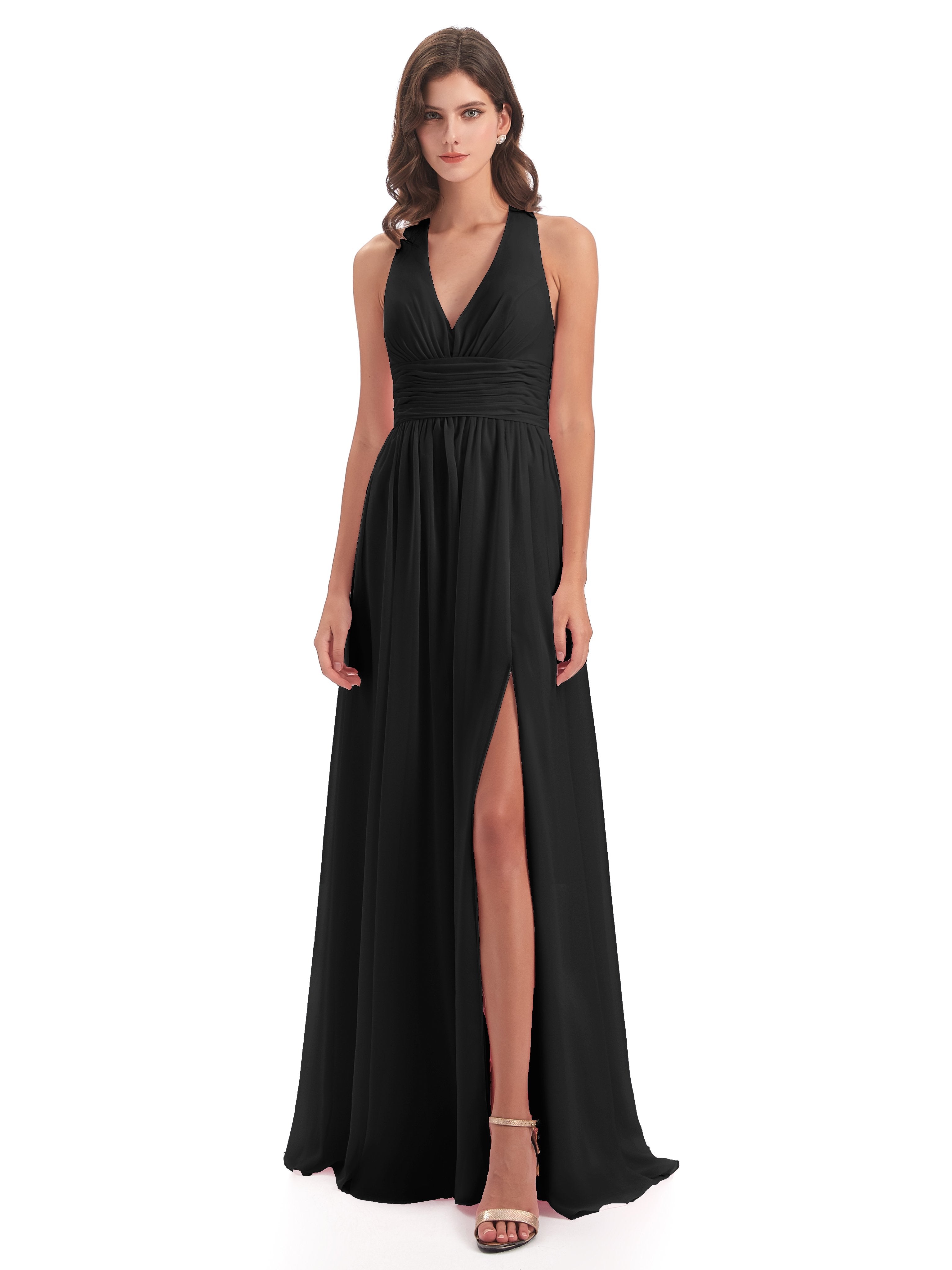 Emily Floor Length V Neck Split Chiffon Bridesmaid Dresses