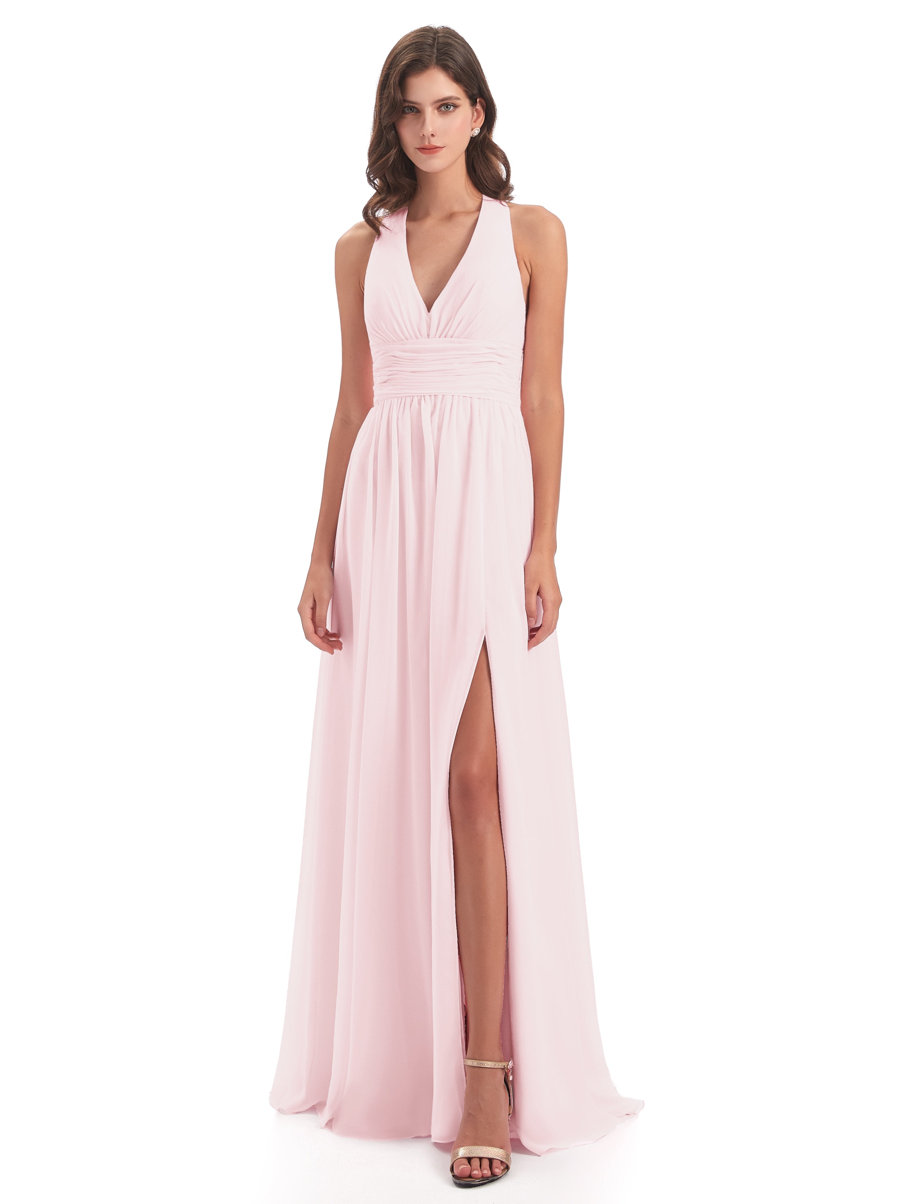 Emily Floor Length V Neck Split Chiffon Bridesmaid Dresses