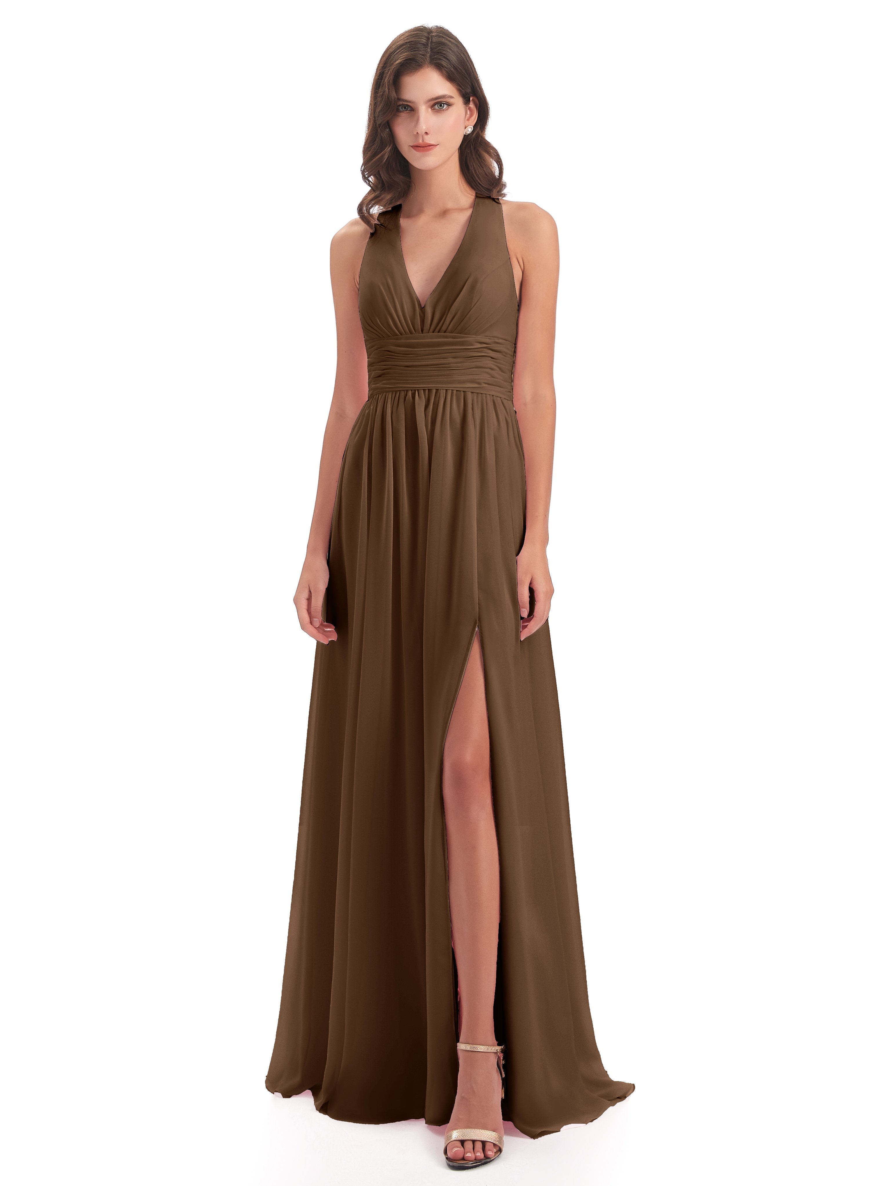 Emily Floor Length V Neck Split Chiffon Bridesmaid Dresses