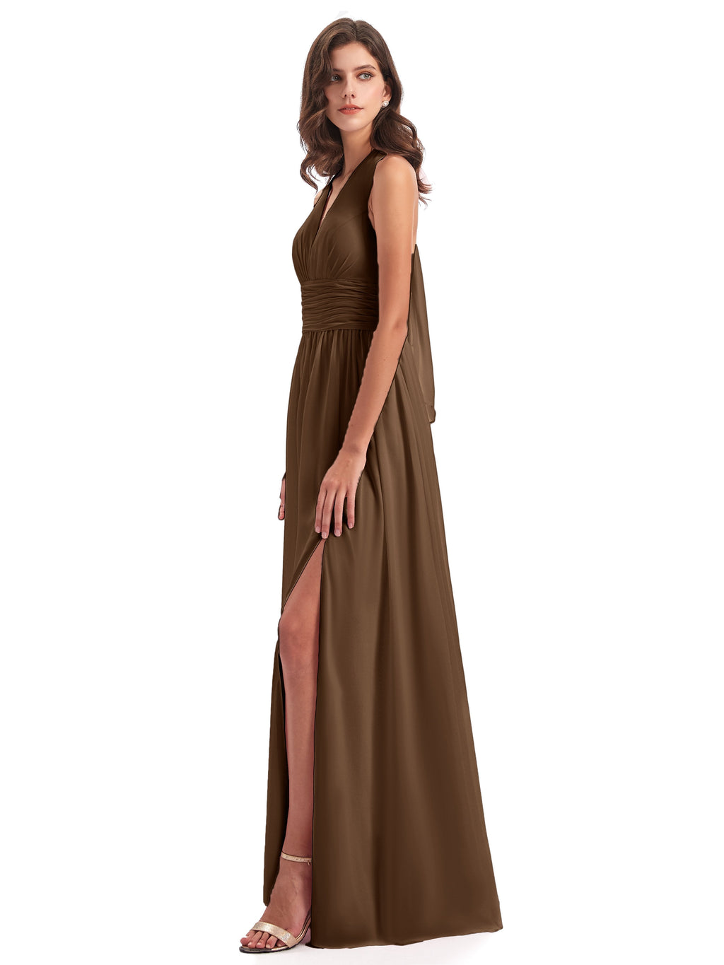 Emily Floor Length V Neck Split Chiffon Bridesmaid Dresses