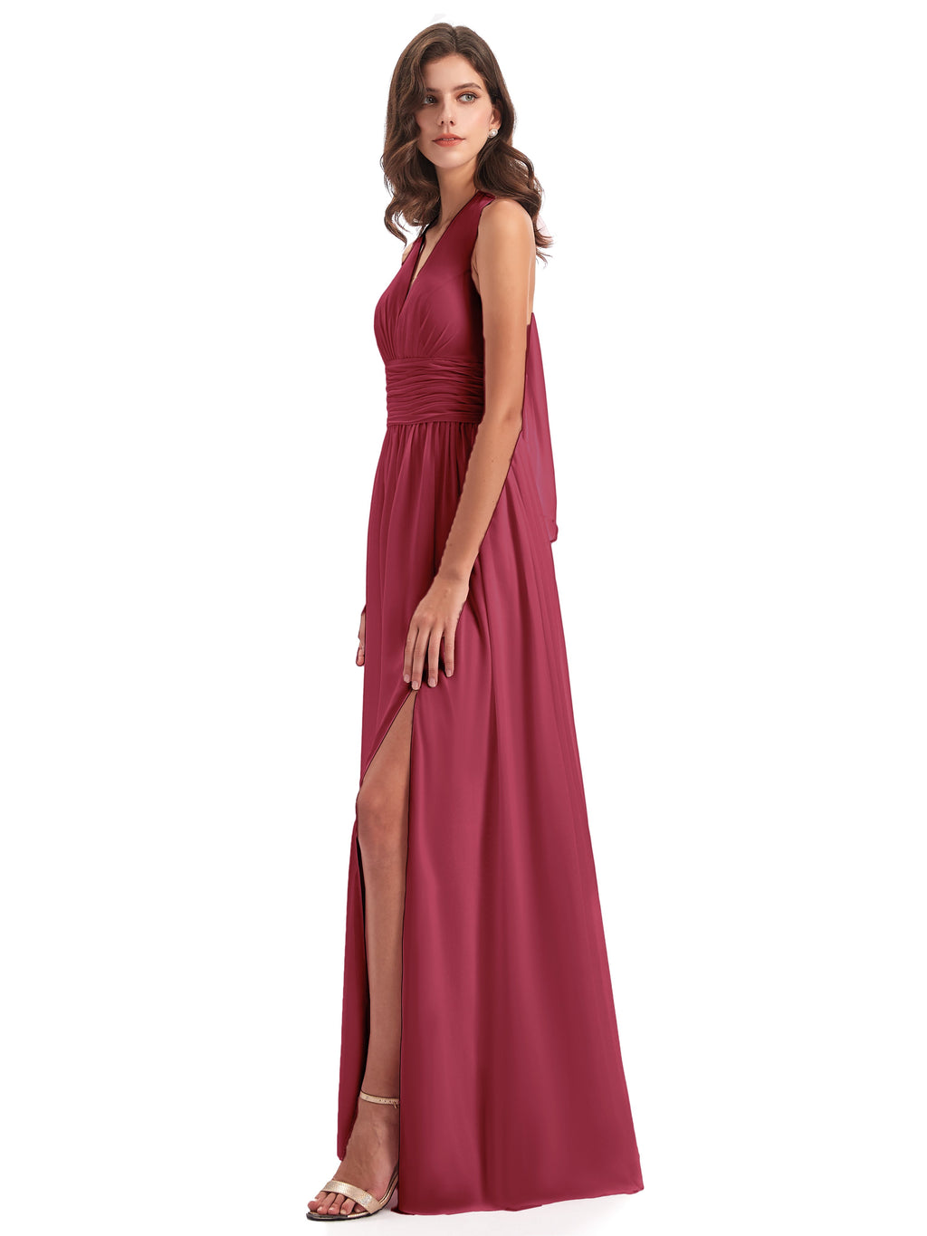 Emily Floor Length V Neck Split Chiffon Bridesmaid Dresses