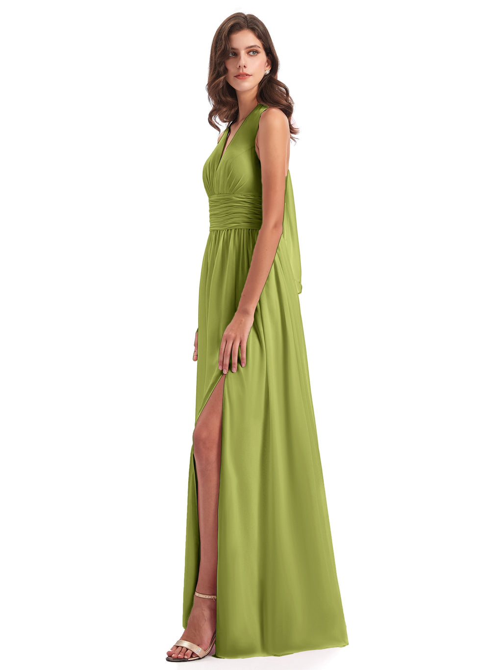 Emily Floor Length V Neck Split Chiffon Bridesmaid Dresses