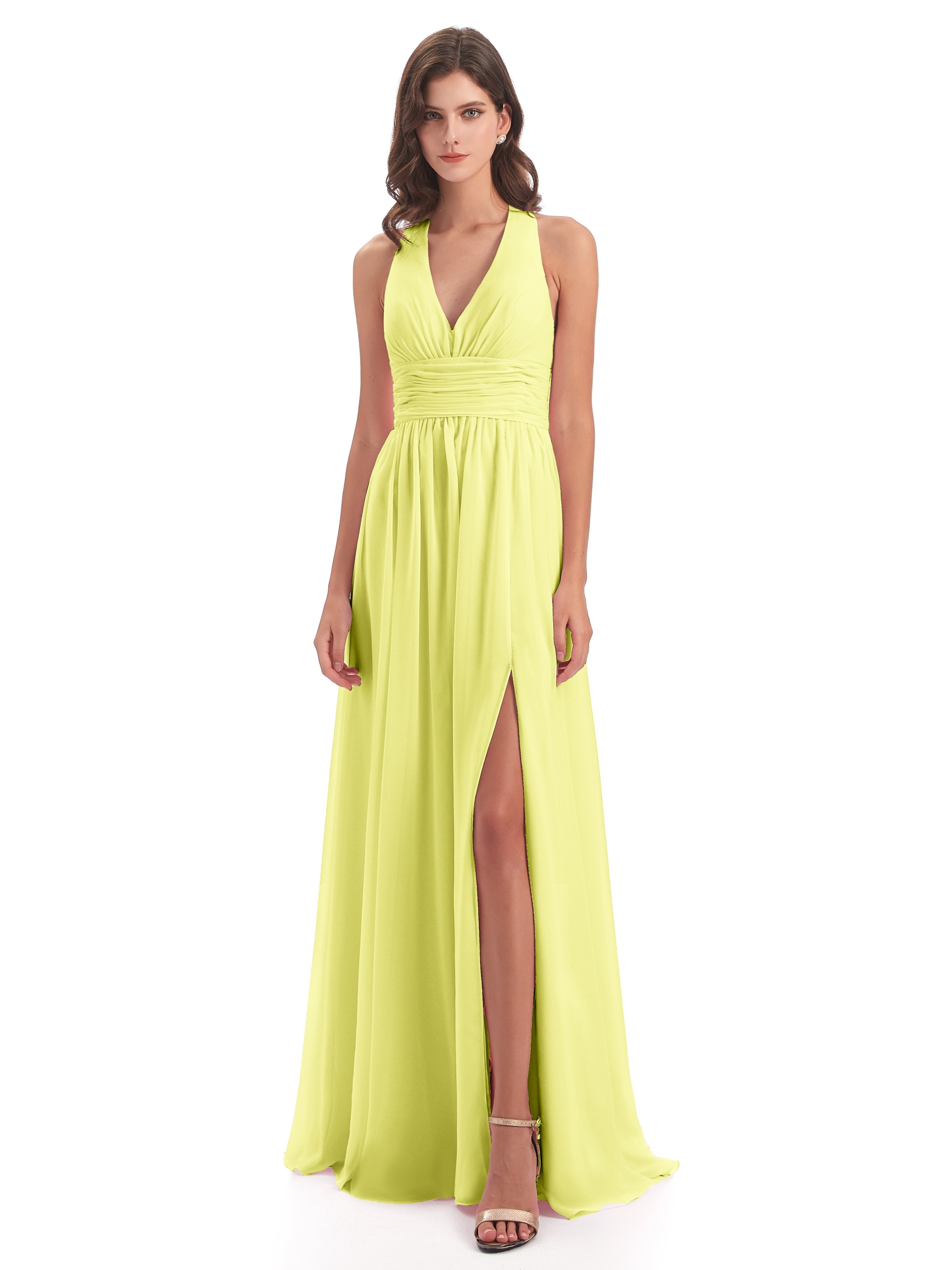 Emily Floor Length V Neck Split Chiffon Bridesmaid Dresses
